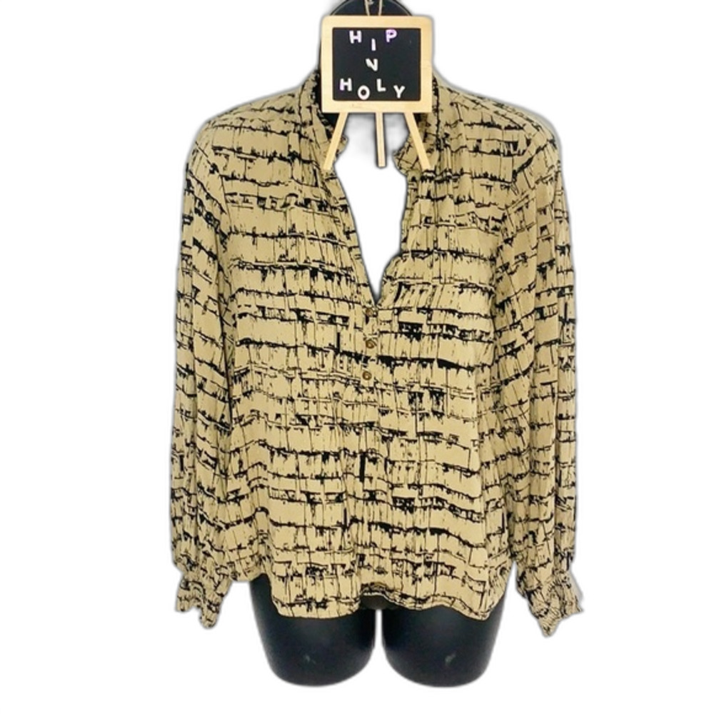 Maeve Anthropologie Striped Pattern Print Half Button Down Blouse Tan Black XS